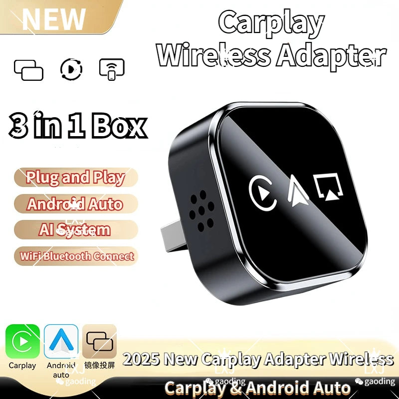 Wireless CarPlay Android Auto AirPlay Adapter – 3-in-1 AI Car Box Wireless Car Adapter Oasis Select