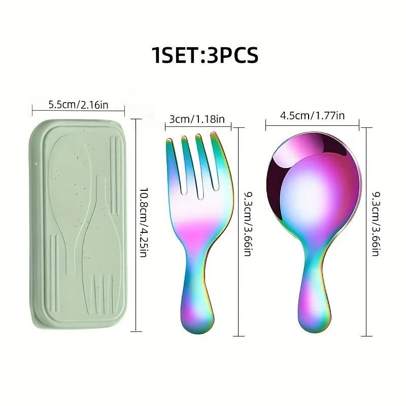 3pcs Portable Cutlery Set, Stainless Steel Short Handle Round Head Spoon, Mini Spoon and Fork Set Boxed Oasis Select Phantom color