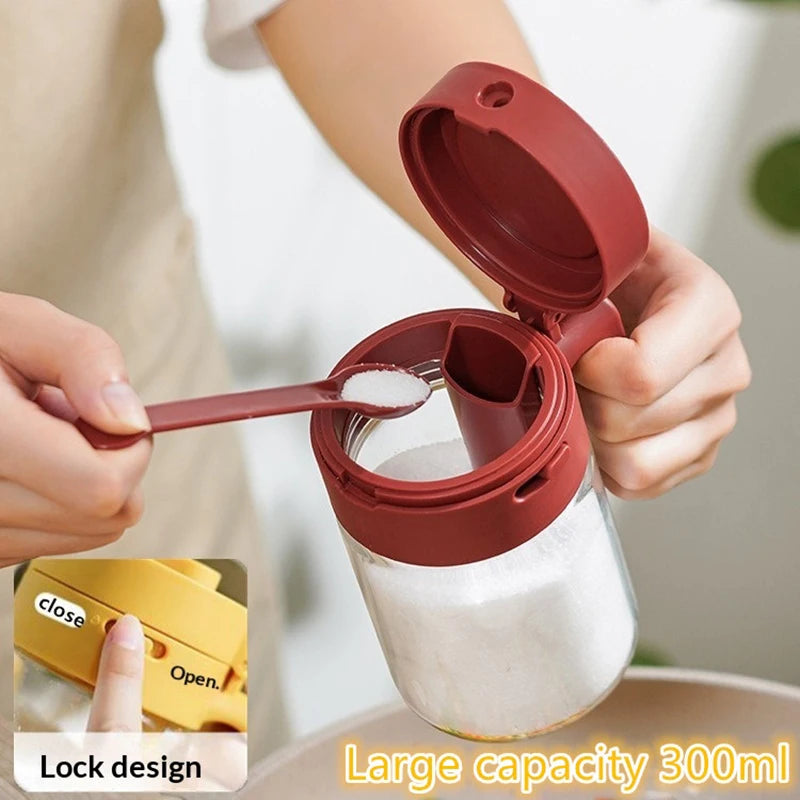 SU Household Kitchen Moisture-Proof Seasoning Jar Salt Container 2 In 1 Glass Spice Bottle Spoon Separation Glass Seasoning Can Oasis Select