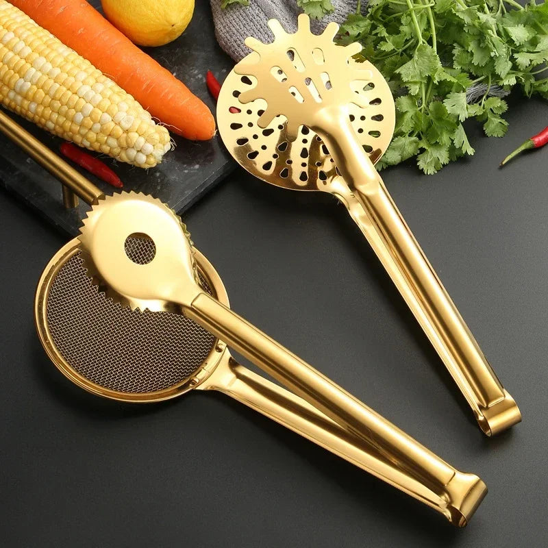 Gold Stainless Steel Food Clip Fried Food Clip Creative Steak Drain Filter with Filter Mesh Leakage Kitchen Tools Oasis Select