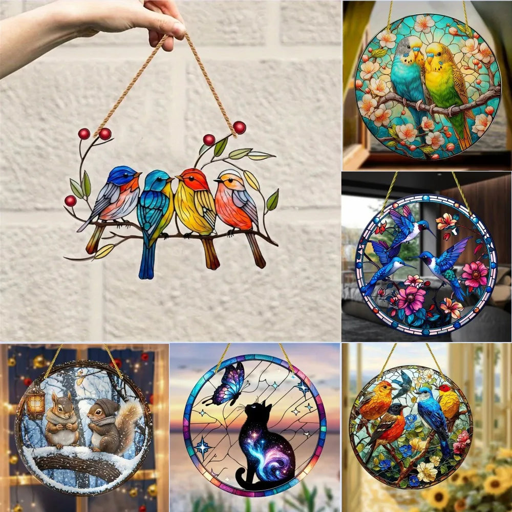 2D Acrylic Flat Printing Birds And Flowers Animal Pendant Home Tree Window Hanging Decor Gift Pet Lover Car Backpack Ornament Oasis Select