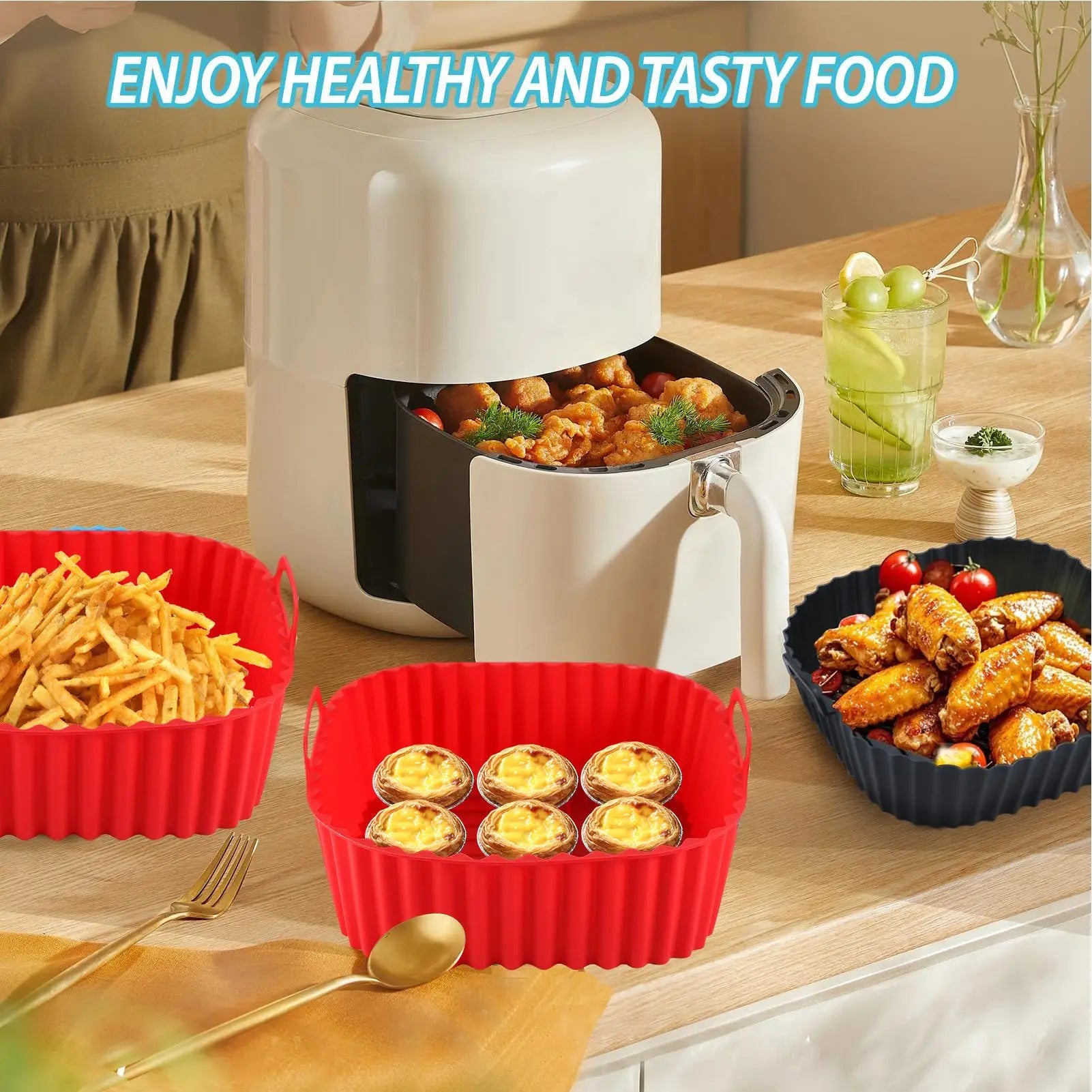 Silicone Air Fryer Pot Tray Food Safe Reusable Square BBQ Barbecue Pad Plate Airfryer Oven Baking Mold Basket Pan for Kitchen Oasis Select