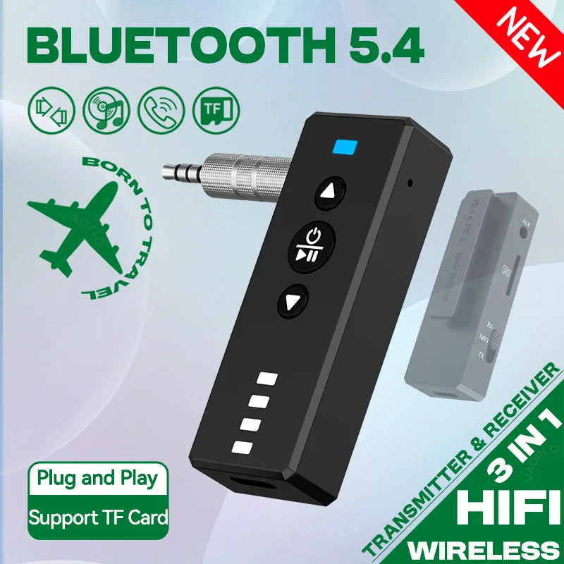 Bluetooth 5.4 Audio Transmitter Receiver 3.5MM AUX Support TF Card Play MIC Collar-Clip Wireless Adapter For Car Airplane TV PC Oasis Select