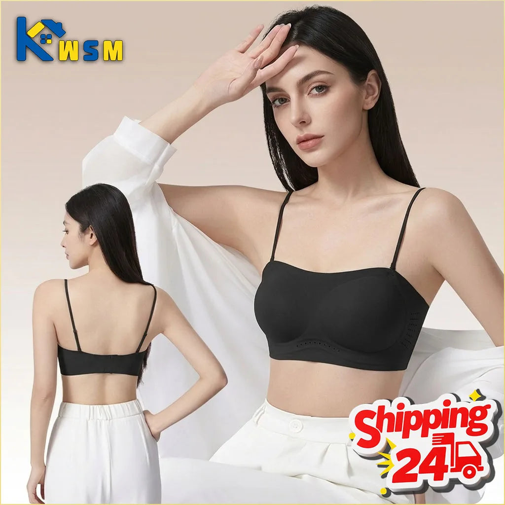 Thin Strap Push Up Bra for Women Seamless Backless Bandeau Camisole Summer Padded Jelly Wire Free Comfortable Daily Wear Oasis Select