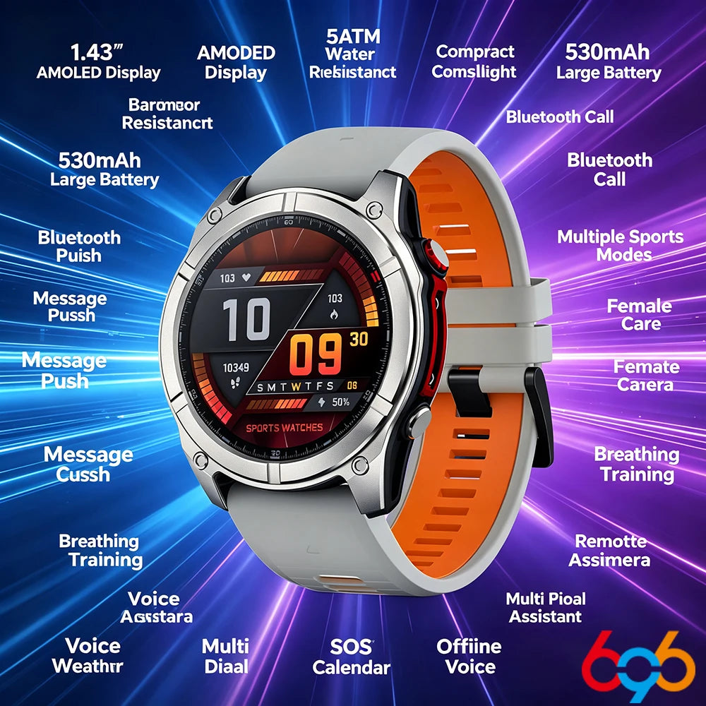 1.43 AMOLED Screen Compass Smart Watch Men Outdoor Flashlight ChatAI-GPT Sports Health Smartwatch SOS Waterproof Call Bracelets Oasis Select