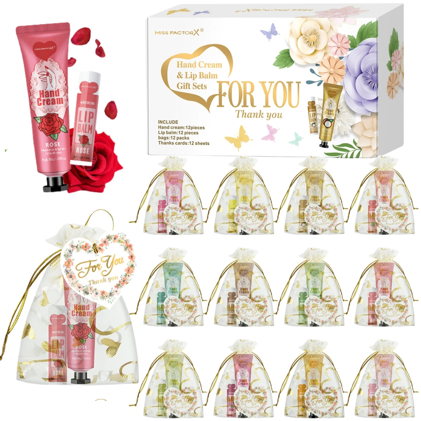 12 Hand gift Hand cream and lip balm set Friends Party Gift with love net bag and thank you card Holiday gift Oasis Select 12 sets gifts