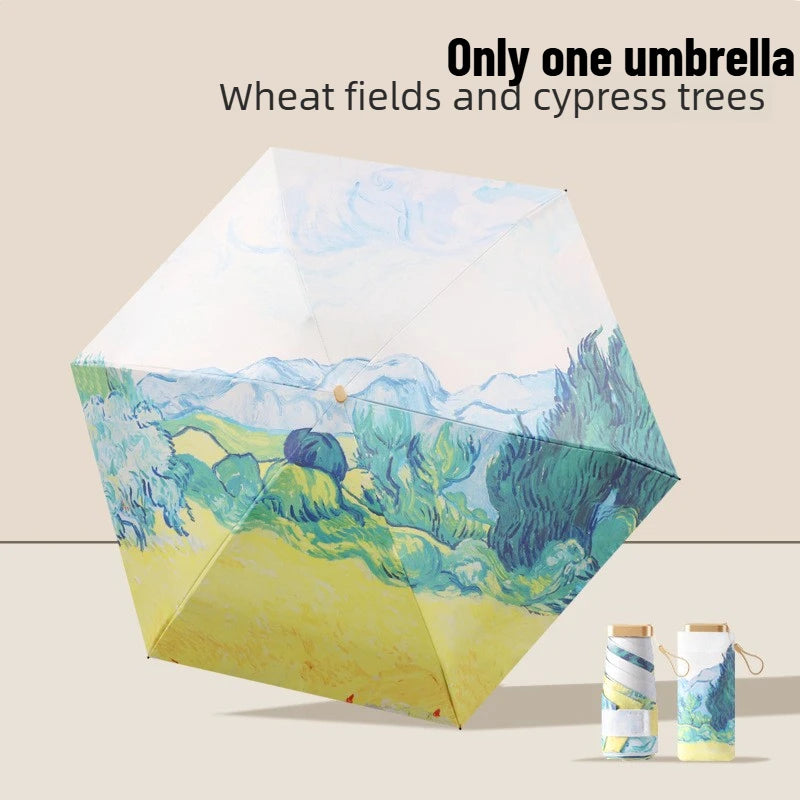 Ultra Slim 5-Fold Oil Painting Umbrella Chinese Style Portable Black Glue UV Protection Sun & Rain Dual Use Manual Parasol Oasis Select Wheat field iron 6K