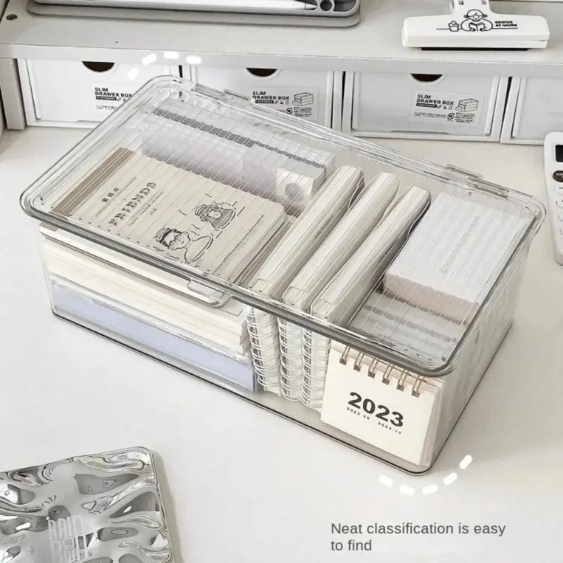 1pc Desktop Storage Box Large Capacity with Lid, Transparent Cosmetic & Office Organizer, for Office Supplies/Books/Documents Oasis Select Small