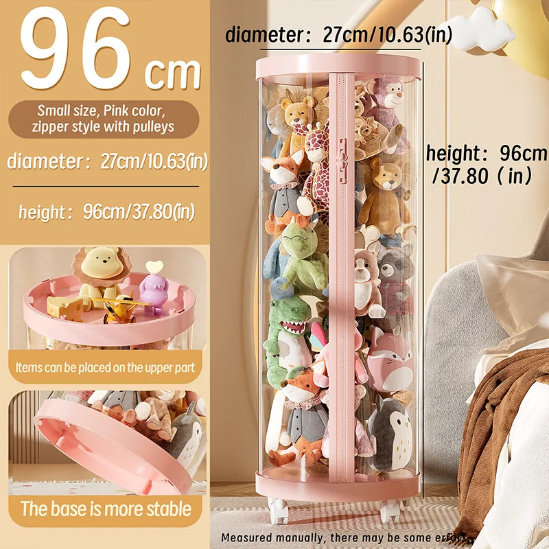 Transparent Doll Storage Box Plush Toy Organization Toy Storage Tube DIY Zipper Bins Kid Christmas Gift Children's Toy Organizer Oasis Select pink-S-With wheel