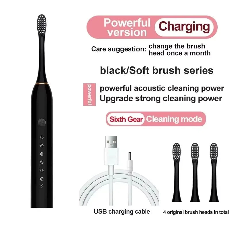Electric Toothbrush Soft Bristles 6 Speed Automatic for Adults & Kids Universal Smart Charging All Ages Compatible Oasis Select black