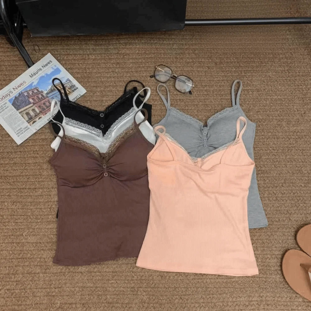Casual Slim Fit Lace Trim Vest Short with Chest Pad V Neck Top Button Front Sleeveless Top Women Oasis Select