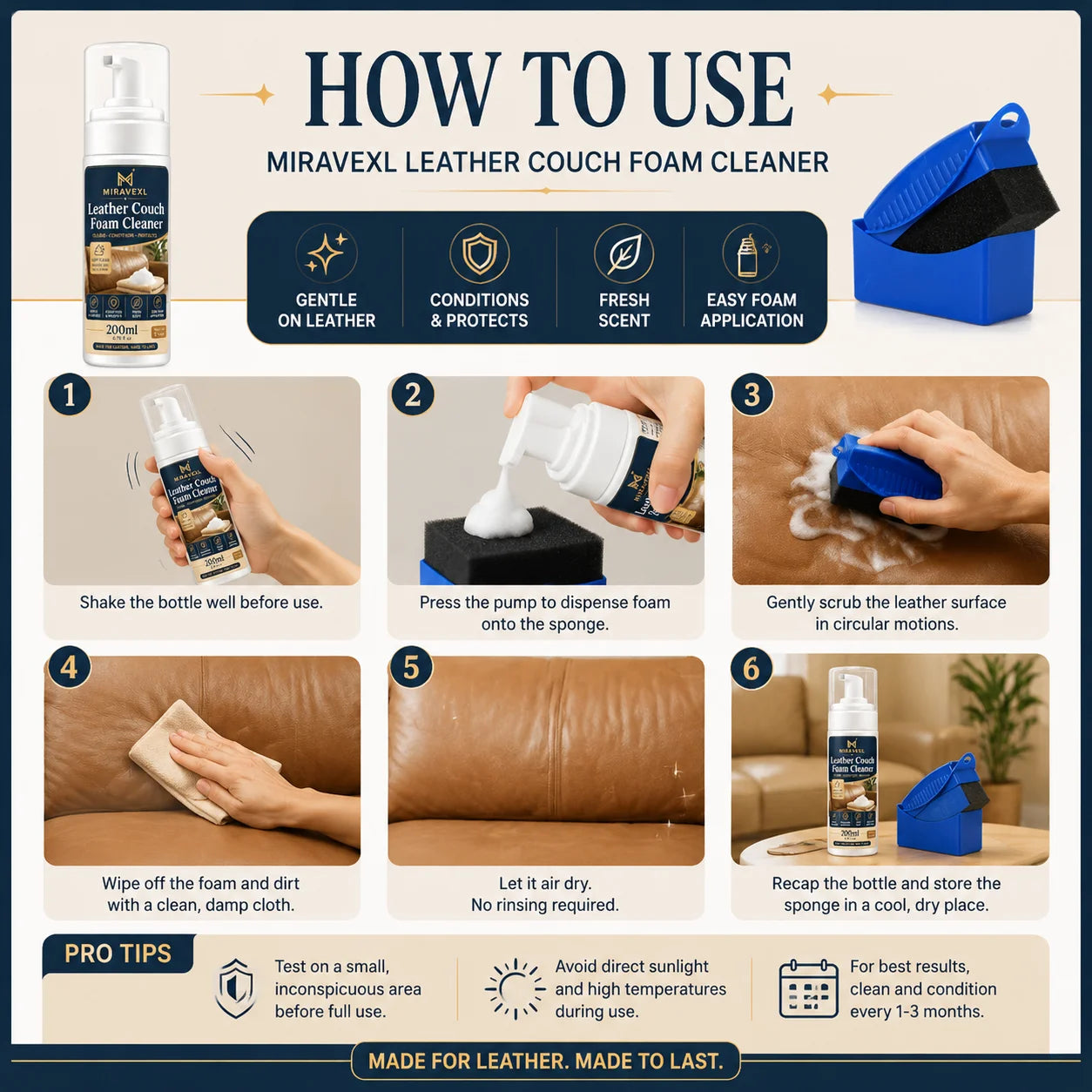 MIRAVEXL Leather Couch Foam Cleaner & Sofa Care Balm Kit with Sponge, Deep Clean,Condition and Protect Leather Seats for Home 2 Oasis Select