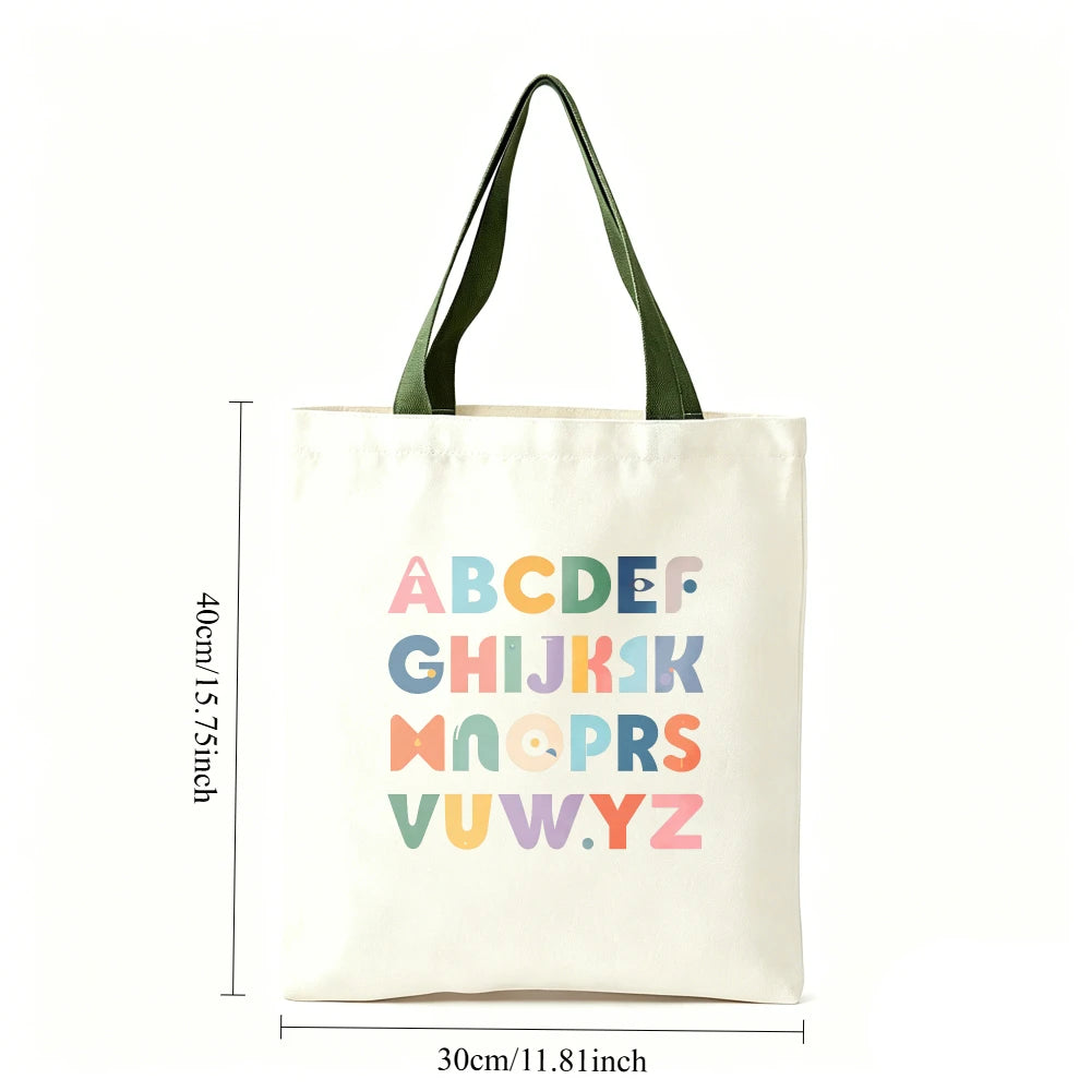 Colorful ABC Alphabet Canvas Tote Bag Large Capacity Eco Reusable Shopping Shoulder Bag Women Teacher Student School Handbags Oasis Select