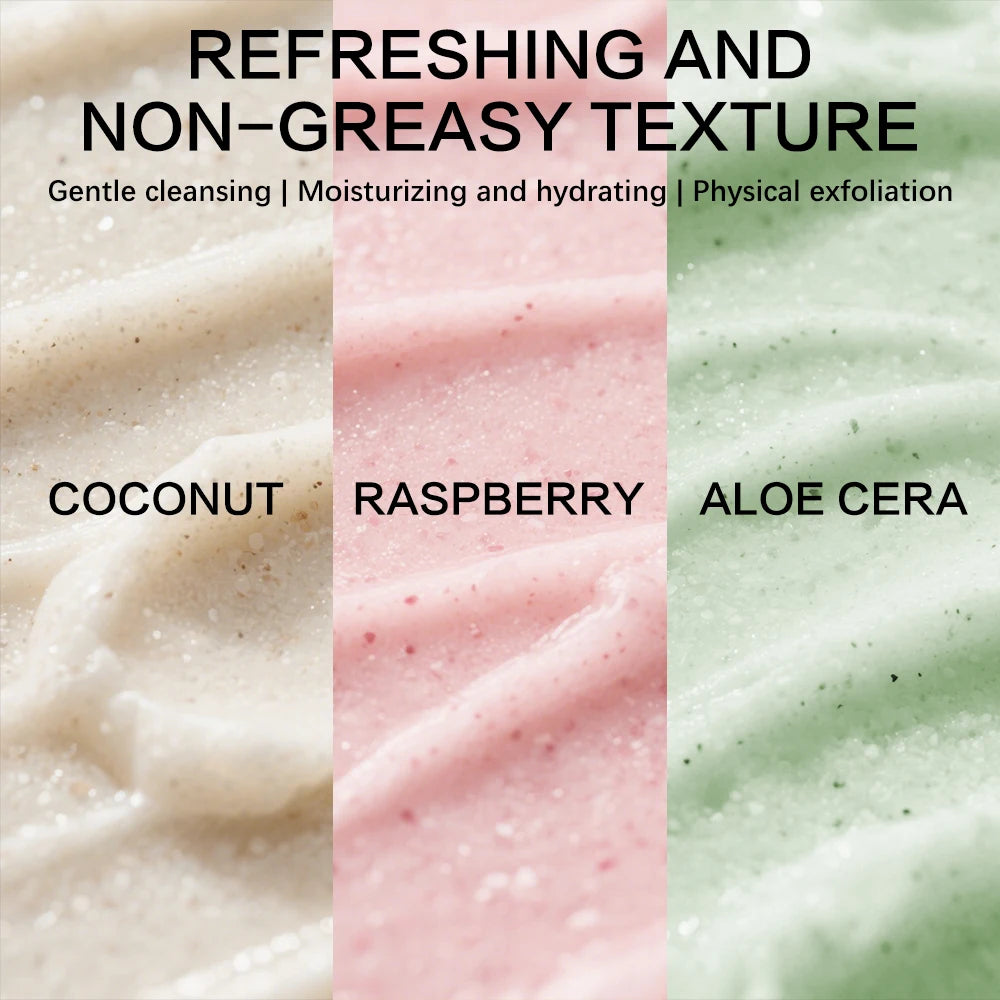 SUYARUN Natural Exfoliating Body Scrub - Raspberry/Aloe/Coconut, Moisturizing Dead Skin Removal, 3 Flavor for Smooth Skin. Oasis Select