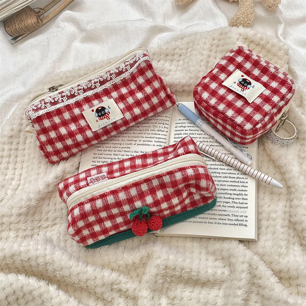 Knitted Plaid Student Stationery Pencil Case Multifunctional Storage Cosmetic Bag Portable Stationery Box Oasis Select