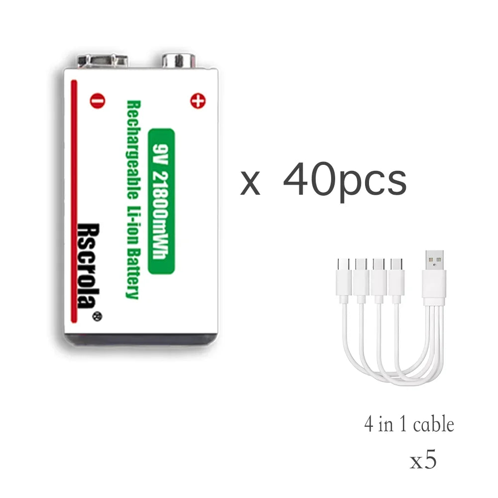21800mWh High Capacity Rechargeable 9V Lithium ion Battery with USB-C for Guitar Microphone Smoke Detector Pedal with Cable Oasis Select 9v 40 pcs 9v Batteries