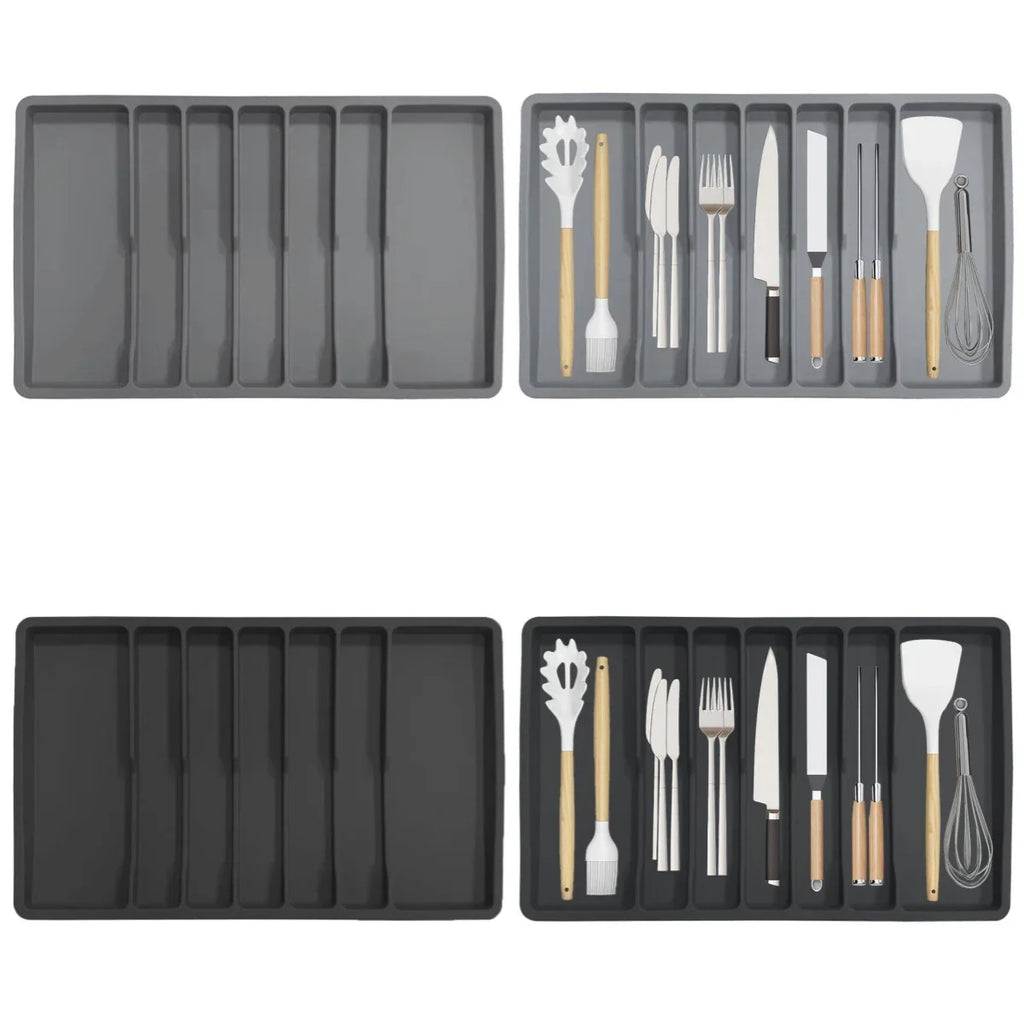 Non Slip Silicone Cutlery Tray Silverware Drawer Organizer Kitchen Utensil Holder with Dividers Gray Black Color Oasis Select