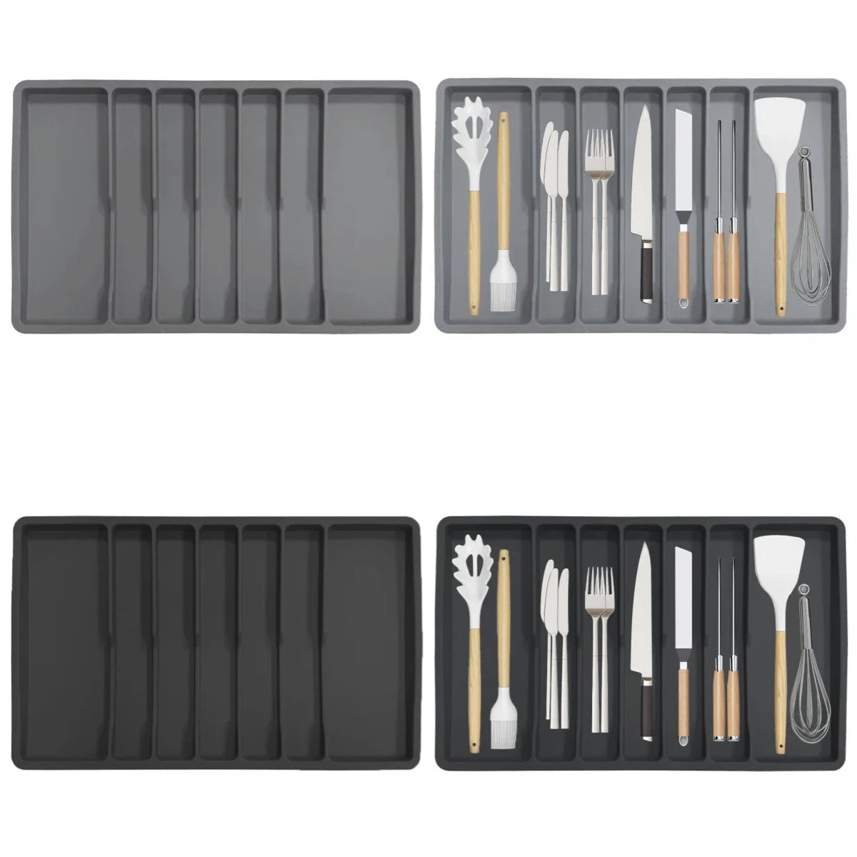 Non Slip Silicone Cutlery Tray Silverware Drawer Organizer Kitchen Utensil Holder with Dividers Gray Black Color Oasis Select
