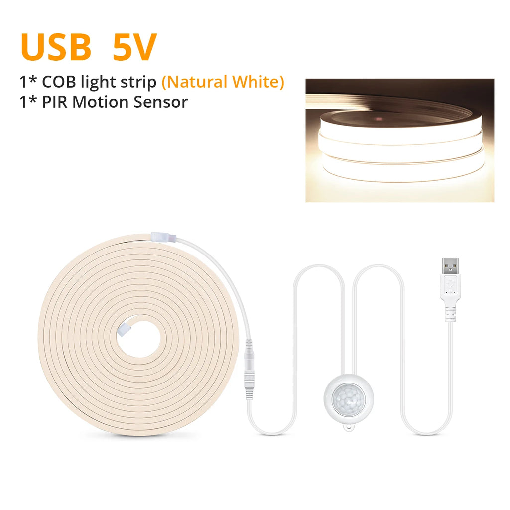 Motion Sensor COB LED Neon Strip Lights Pure Silica Gel DC5V USB Smart Human Body Induction Kitchen Bedroom Night Security Lamp Oasis Select Natural White 3M