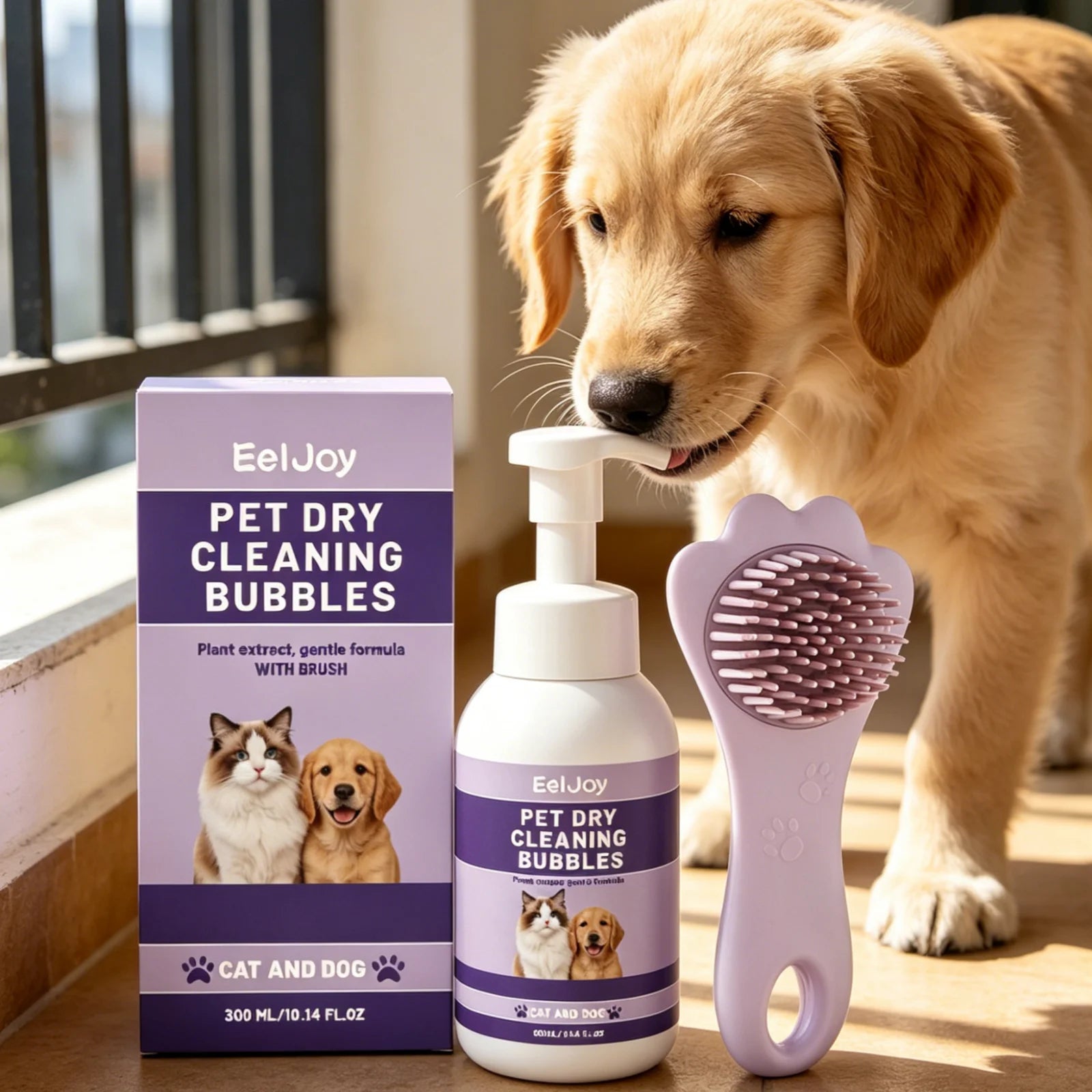 EelJoy No-Rinse Pet Dry Shampoo Foam + Brush 300ml Waterless Pet Shampoo Oasis Select