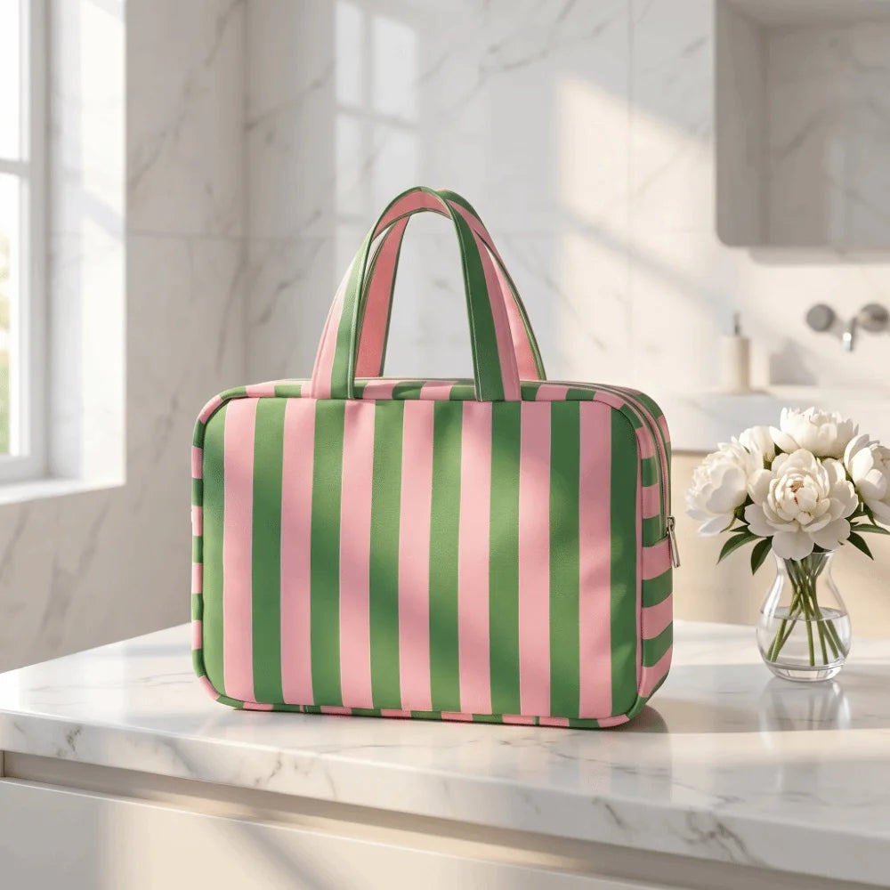 Striped Travel Makeup Bag – 4-Layer Large Capacity Organizer