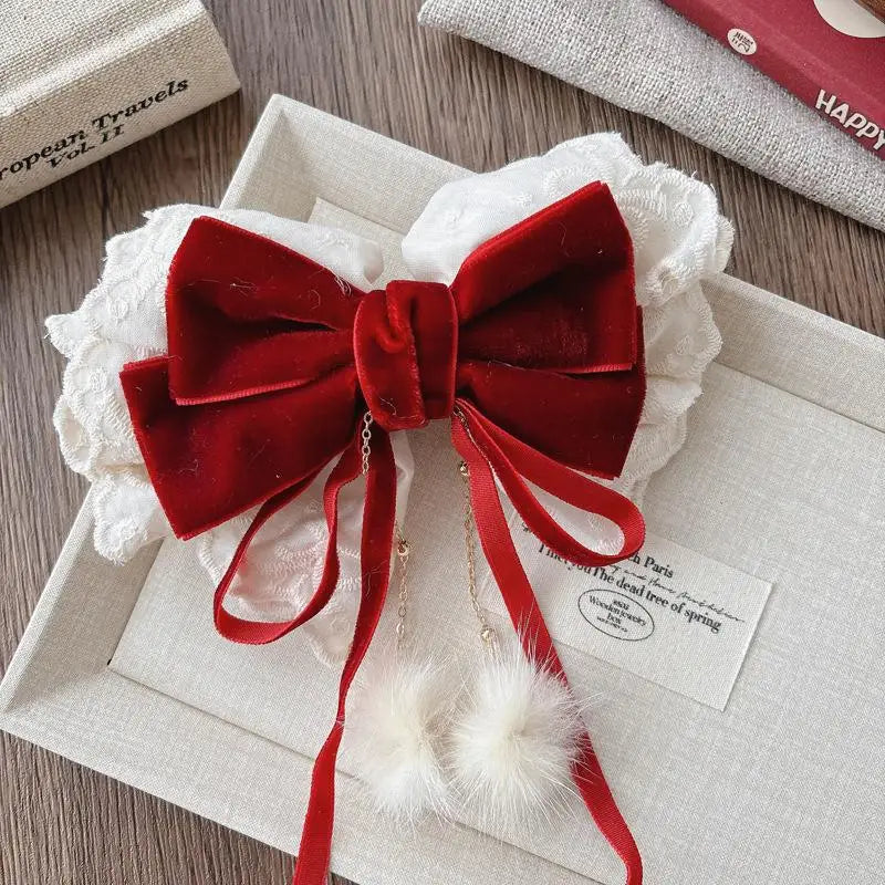 Girls Red Velvet Lace Bow Hair Clip | Korean Princess Hairpin