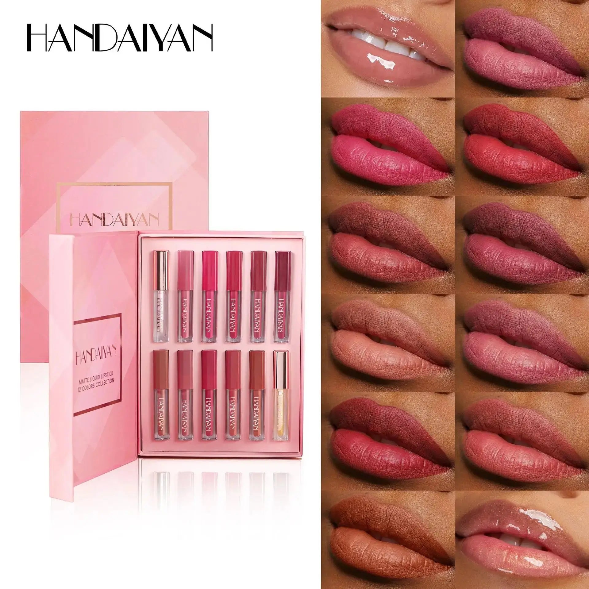 Handaiyan 12-Shade Velvet Matte Lip Gloss Set – Waterproof