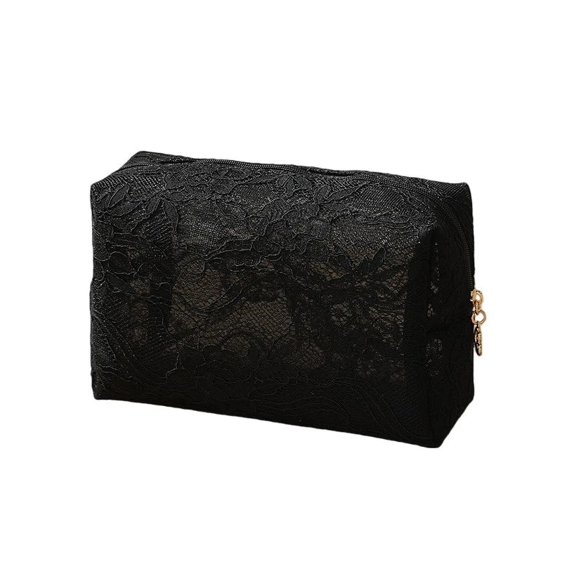 Lace Mesh Women's Makeup Bag Large Capacity Cosmetic and Jewelry Organizer Bag Zipper Square Portable Toiletry Bag Makeup Case Oasis Select Black