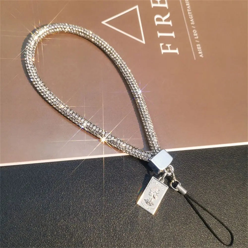 Rhinestone Lanyard Mobile Phone Lanyard Women's Luxury Full Diamond Pendant Long Neck Strap Anti-lost Sling Short Wrist Chain Oasis Select Silver Short