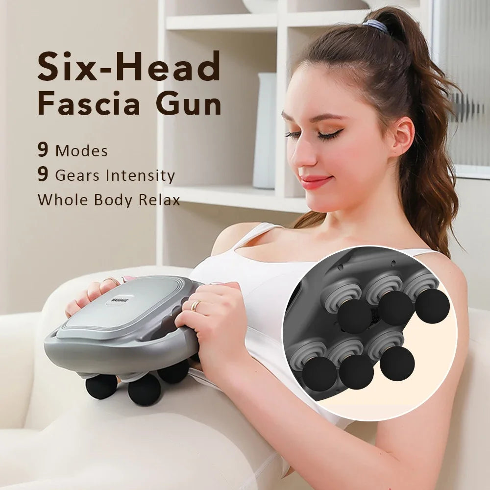 Electric Fascia Massage Gun – 6 Heads, 9 Modes & Red Light