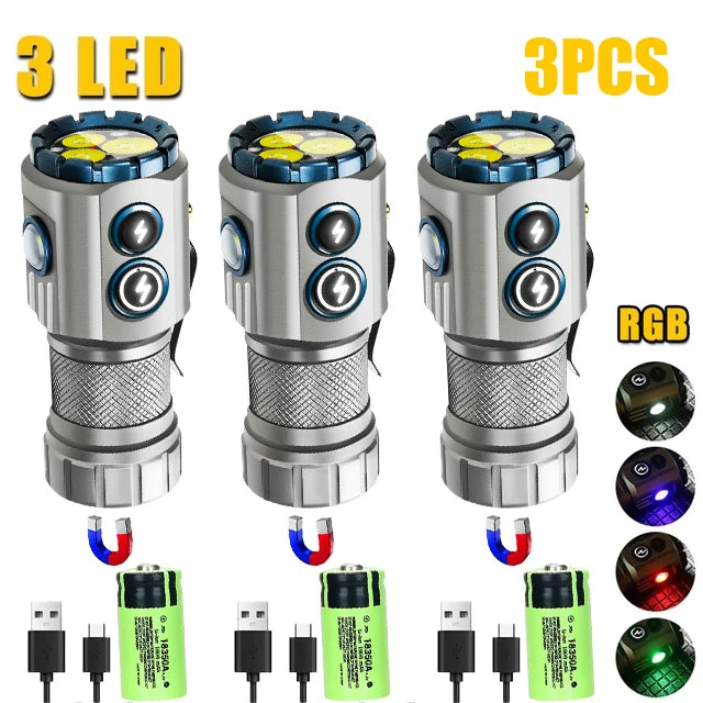 New Upgrade 3 LED Flashlight With RGB Side Lamp Type-C Rechargeable 2000 Lumens Torch Tail Magnet for Camping Hiking Lantern Oasis Select 3LED with RGB 3pc