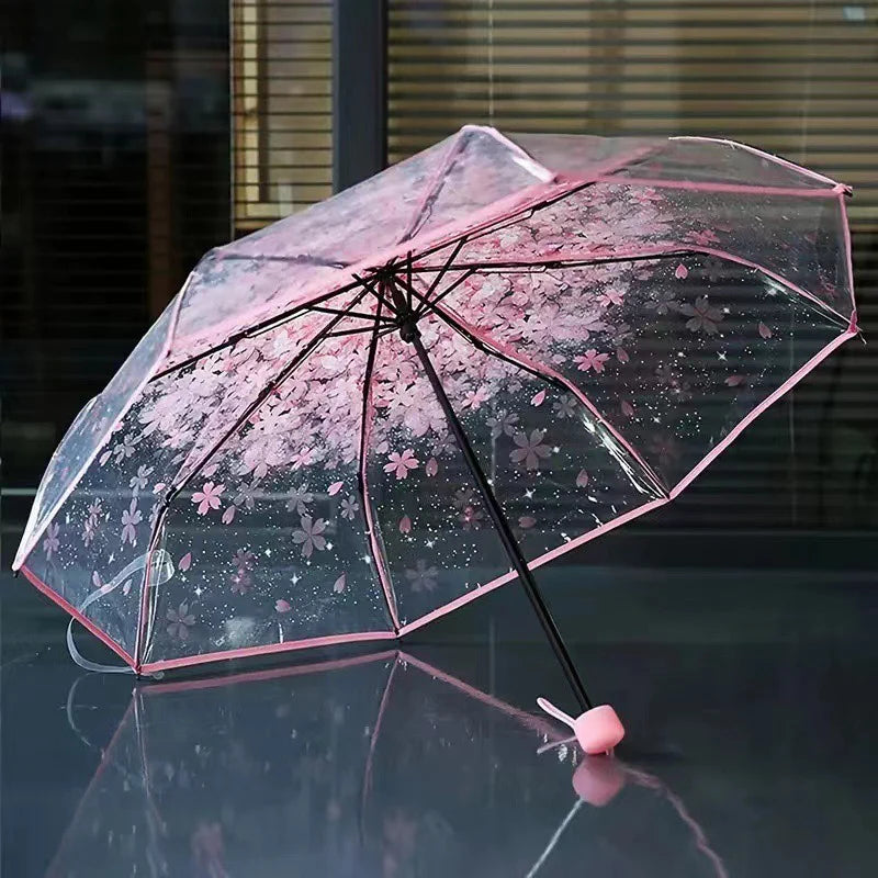 Cherry Blossom Korean Style Umbrella Cute Literature and Art Fresh Simple Student Trifold Cherry Blossom Transparent Umbrella Oasis Select