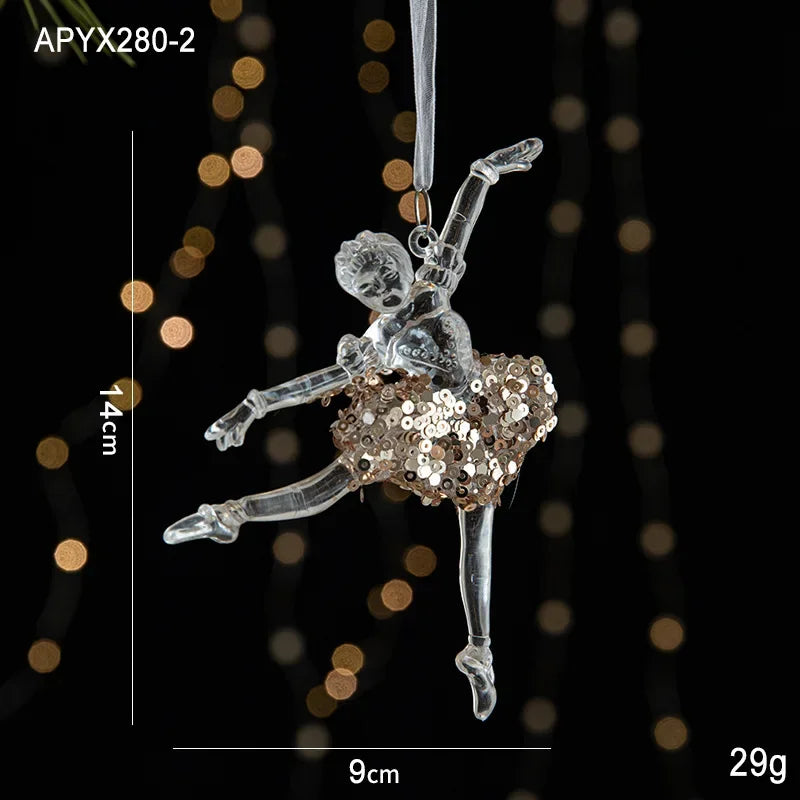 Christmas Tree Toys Acrylic Elk Bells Pendant Transparent Snowflake Pendants With Sequins Home Xmas Party Decoration Accessories Oasis Select Dancing girl
