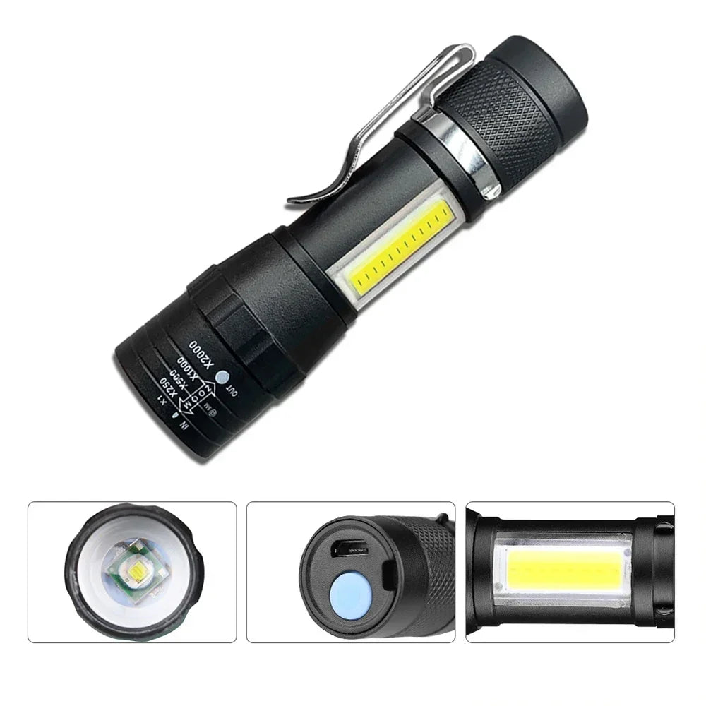 Portable LED Flashlight XPE COB Light Rechargeable Flashlight Built-in Battery Zoom Flashlight 3 Mode Anti-slip And Water Oasis Select