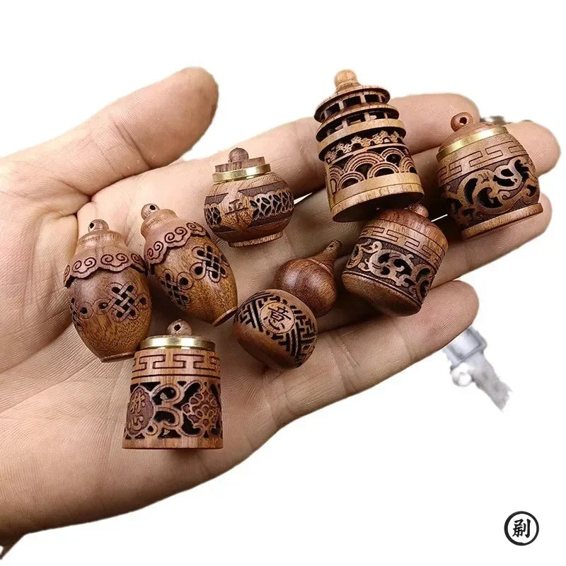 Wood Hollow Carved Aromatherapy Bottle Mini Vase Pagoda Car Hanging Decoration Fragrance Diffuser Bottle Sealed Jar Pendant Oasis Select