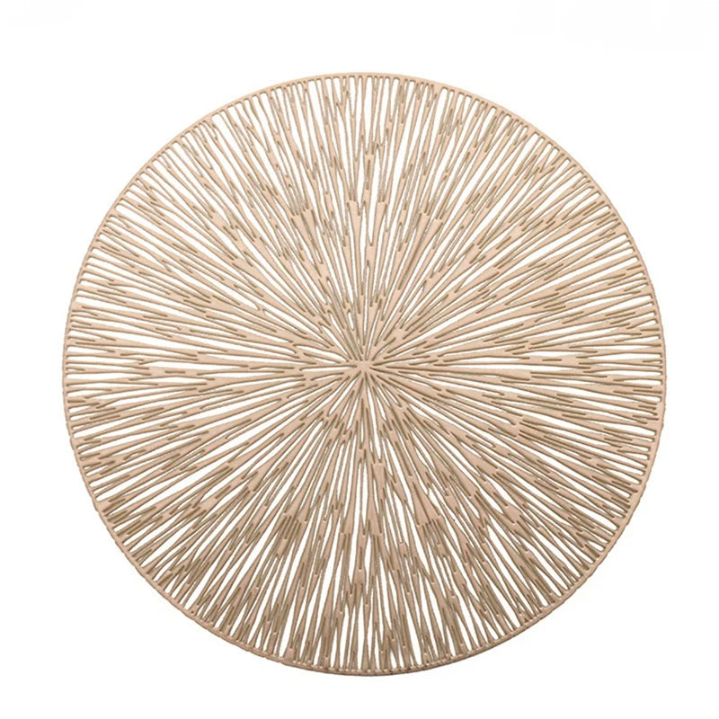 Round Placemats Restaurant Hollow PVC Decoration Meal Mat Anti-Hot Dining Table Line Mat Steak Plate Pad Oasis Select Golden 1X L