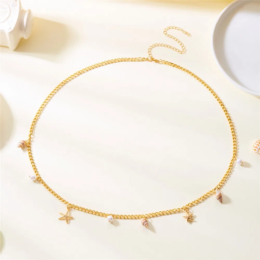 Vacation Bohemian Starfish Necklace Exaggerate Tassel Pendant Waist Chain Pearl Conch Shell Bracelet for Women Oasis Select Conch Waist Chain