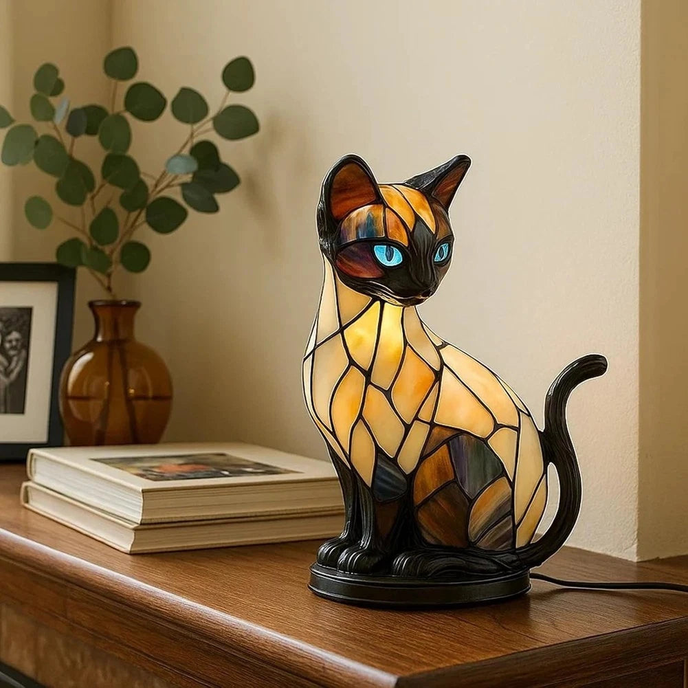 Cute Cat Lamp Stained Glass Retro led Stained Resin Tabletop Night Light bedroom Atmosphere Lights Gift For Dog Cat Lovers Oasis Select