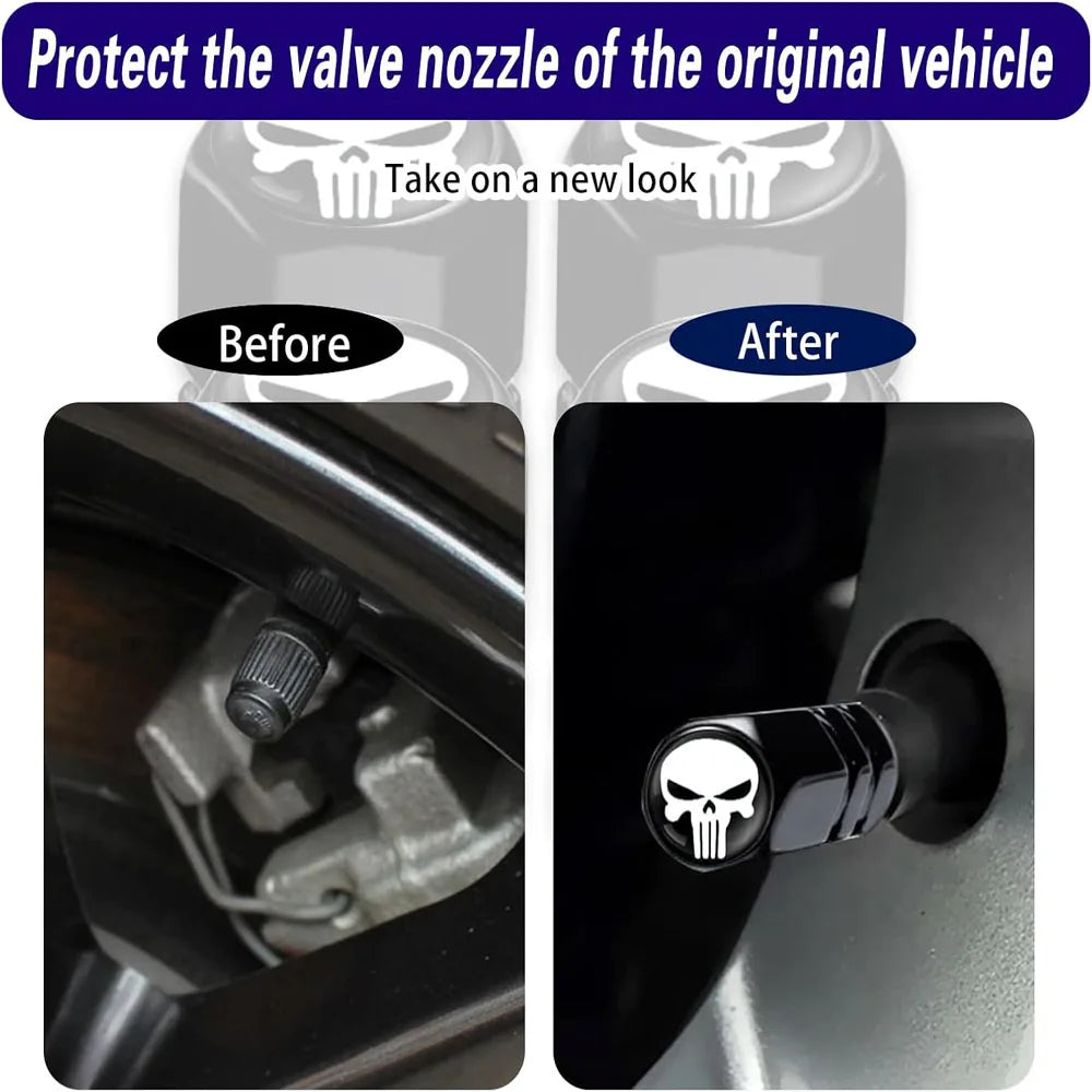 4 PCS Car Tire Valve Stem Caps, Air Caps Cover with Skull Pattern, Dust Proof Metal Valve Stem Covers Oasis Select
