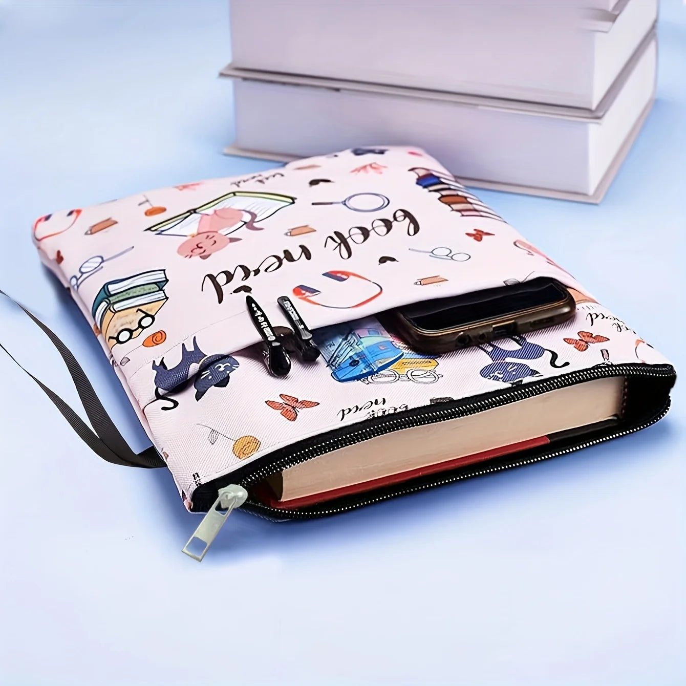 1pc "Book Nerd" Themed Fabric Book Sleeve with Zipper - Durable, Washable Cover for Paperbacks, Featuring Books & Cat Design Oasis Select