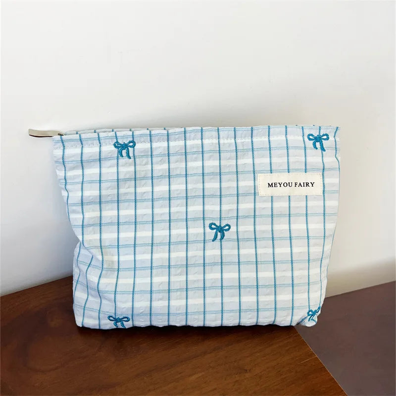 Fashion Women Bow Stripe Makeup Bag Portable Toiletry Lipsticks Cosmetic Storage Pouch Clutch Bag Ladies Organizer Handbag Oasis Select Light Blue E