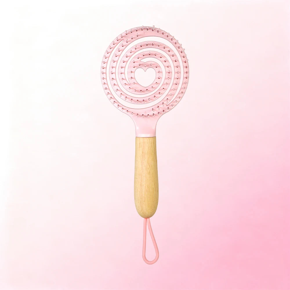 Pastel Spiral Vent Hair Comb – Oak Wood Handle | 3 Colors Hair Styling Comb Oasis Select TY3033-Pink