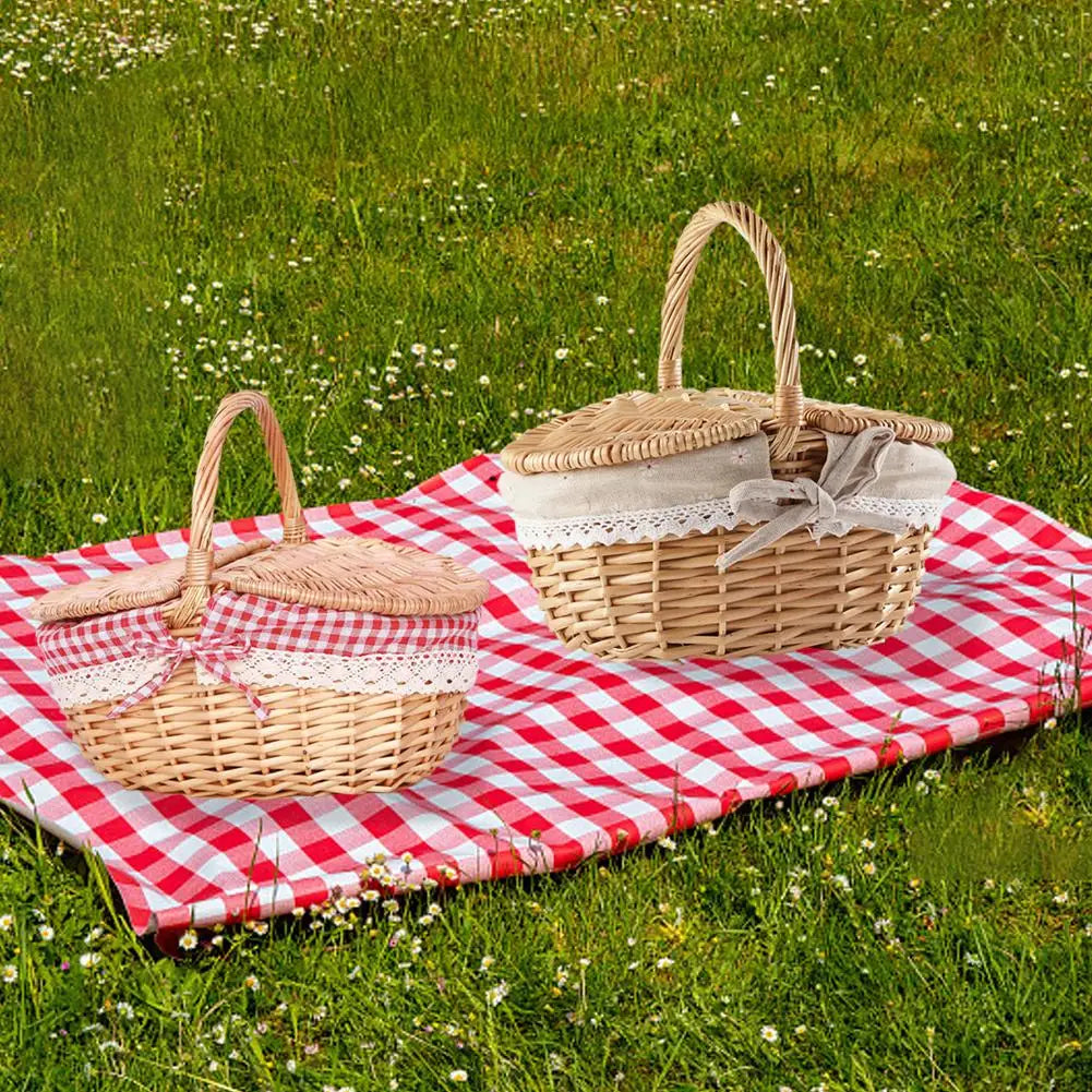 Handmade Wicker Basket With Handle Picnic Food Basket With Lid Hand-Woven Multi-Purpose Wicker Tray Desktop Decor Storage Box Oasis Select