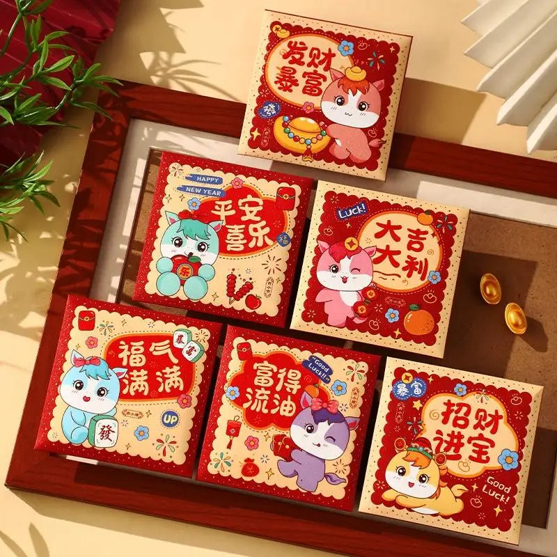 6Pcs Paper 2026 Horse Year Red Envelope Mini Cartoon Lucky Money Bag Traditional Blessing Red Pocket Marriage Celebration Oasis Select A2