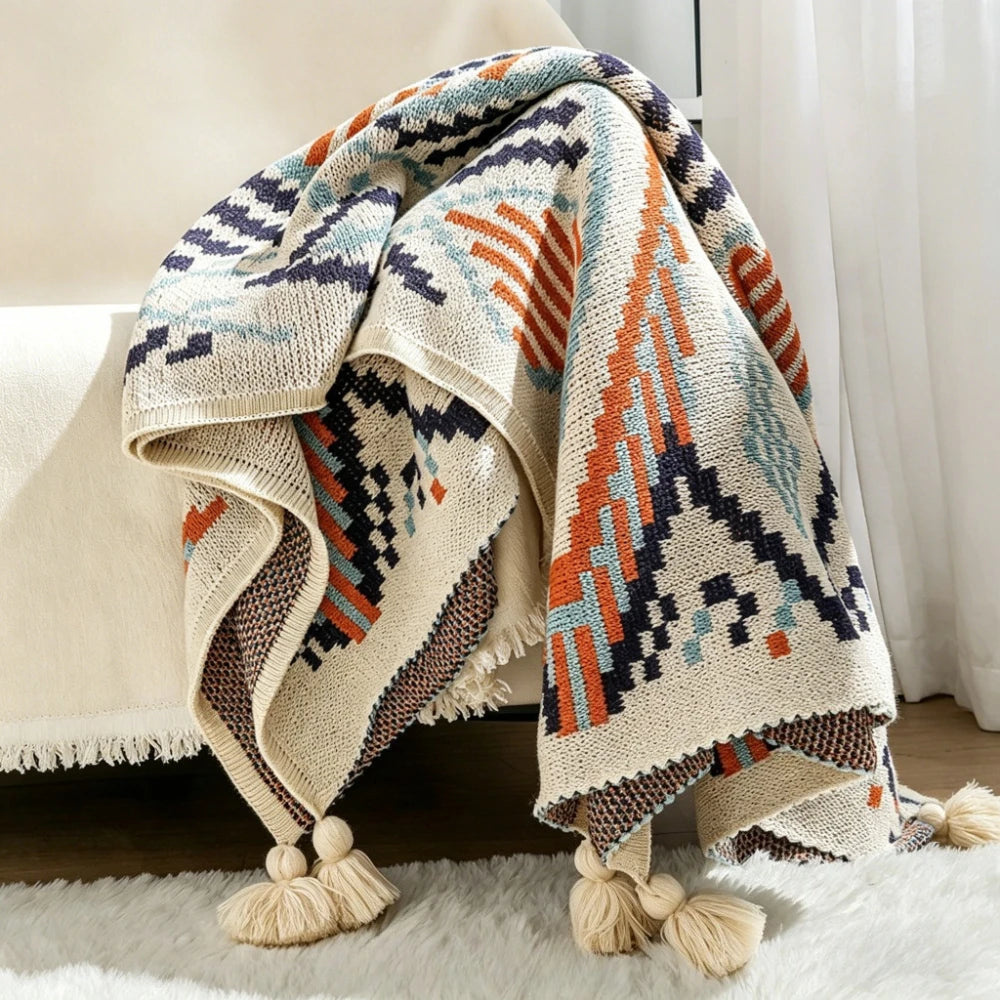 Bohemian Ethnic Tassel Knitted Throw Blanket Nordic Lightweight Summer Air Conditioner Sofa Bed Cover Homestay Decor Oasis Select
