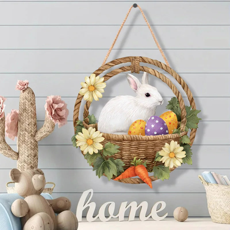 12x12 inch/30x30 cm Easter Wooden Hanging Door Sign Rabbit Egg Decorative Plaque for Easter Front Door Decor Oasis Select