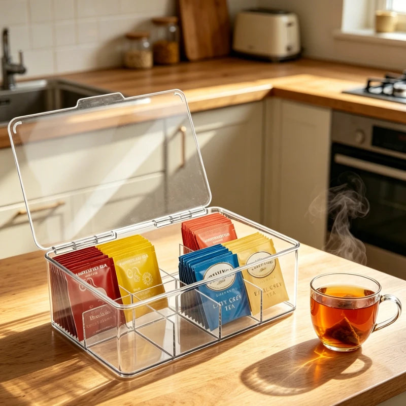 8 Grids Tea Bag Storage Box Office Multifunctional Storage Box with Lid Acrylic Organizer Coffee Bag Compartment Box Storage Box Oasis Select