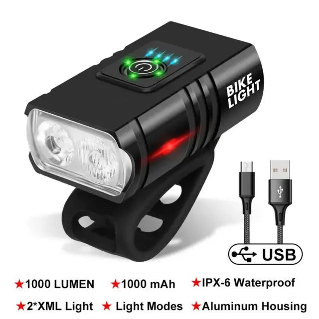 Bicycle Light 2T6 LED Front USB Rechargeable Mountain Bicycle Lamp 1000LM Bike Headlight Flashlight Cycling Accessories Tail Oasis Select 1pc
