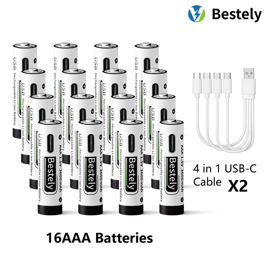 AAA Battery Rechargeable Li-Ion 1.5V 3600mAh 2000 Cycles USB-C Fast Charging Long-Lasting with free USB- C Cable Oasis Select 16 pcs Batteries