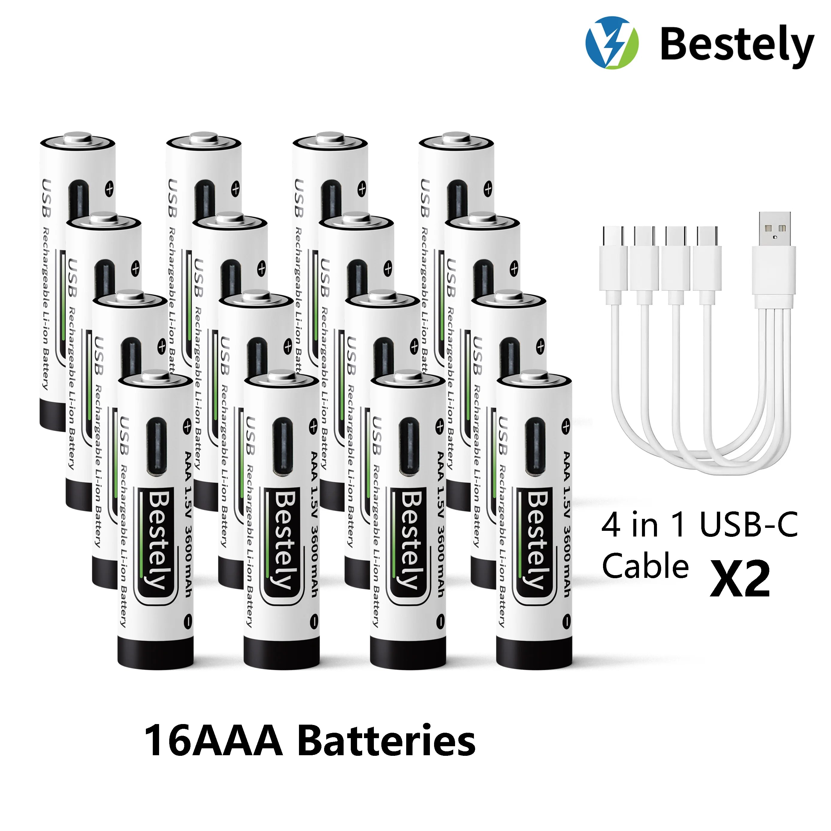 AAA Battery Rechargeable Li-Ion 1.5V 3600mAh 2000 Cycles USB-C Fast Charging Long-Lasting with free USB- C Cable Oasis Select 16 pcs Batteries